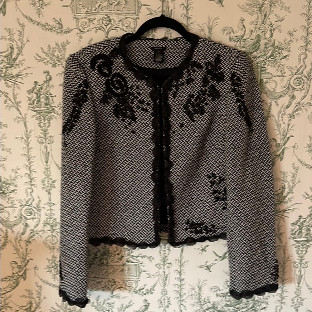 Sandro Black and White Blazer with Embroidered Details